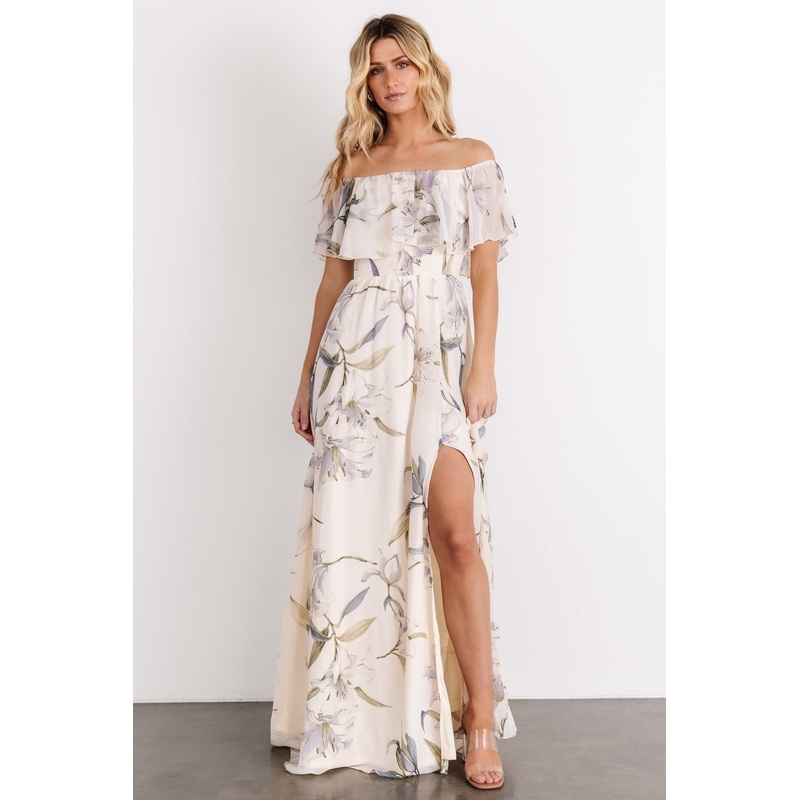 Daphne Off Shoulder Maxi Dress | Beige + Blue Floral