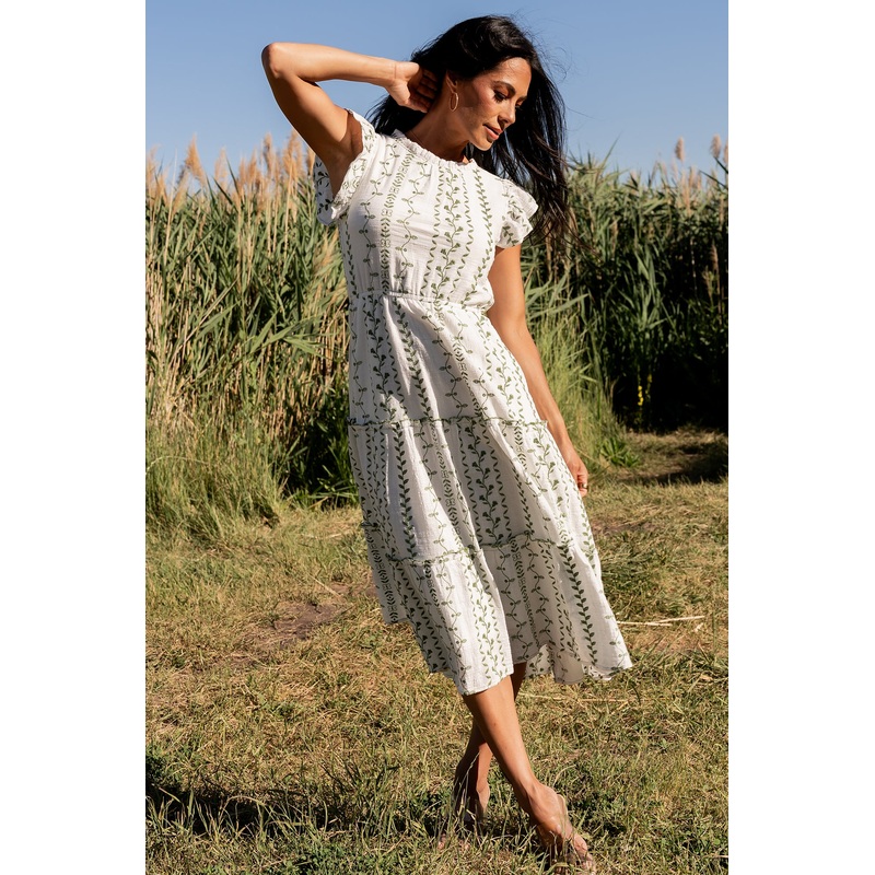 Frida Embroidered Midi Dress | White + Green Print
