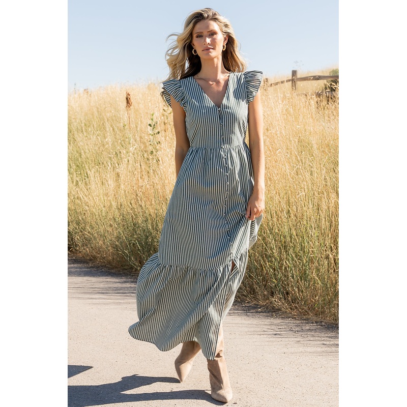 Hettie Button Maxi Dress | Green Stripe