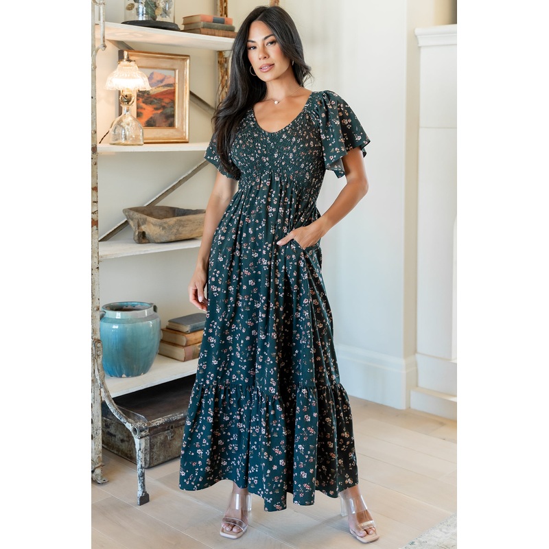 Jerah Smocked Dress | Deep Jade Floral