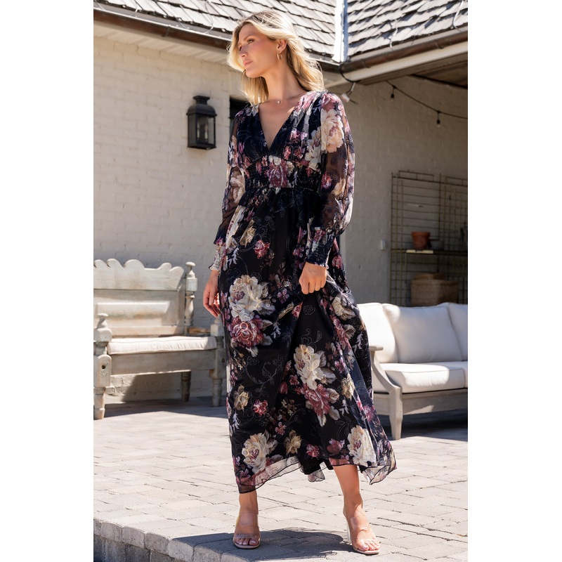 Jolie Embroidered Tulle Dress | Midnight + Mauve Floral