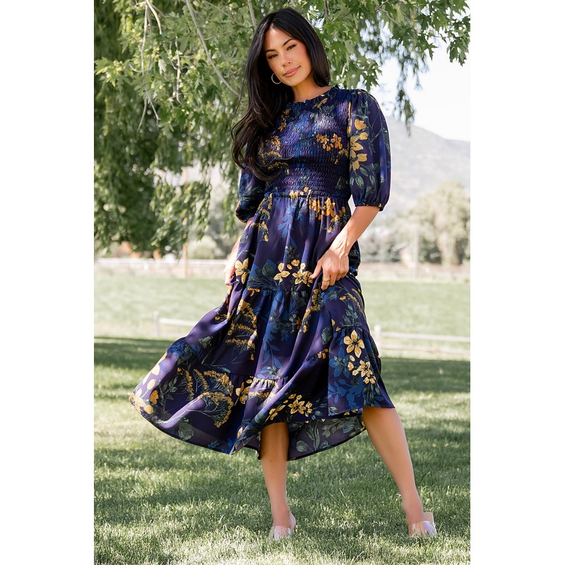 Lena Tiered Midi Dress | Navy + Gold Floral