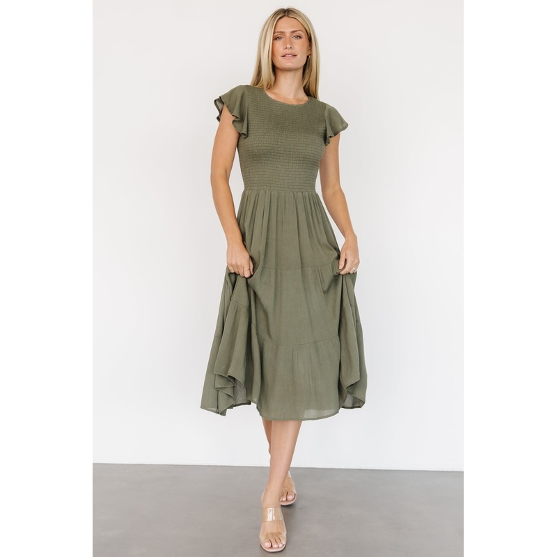 Loretta Smocked Midi Dress | Dark Sage