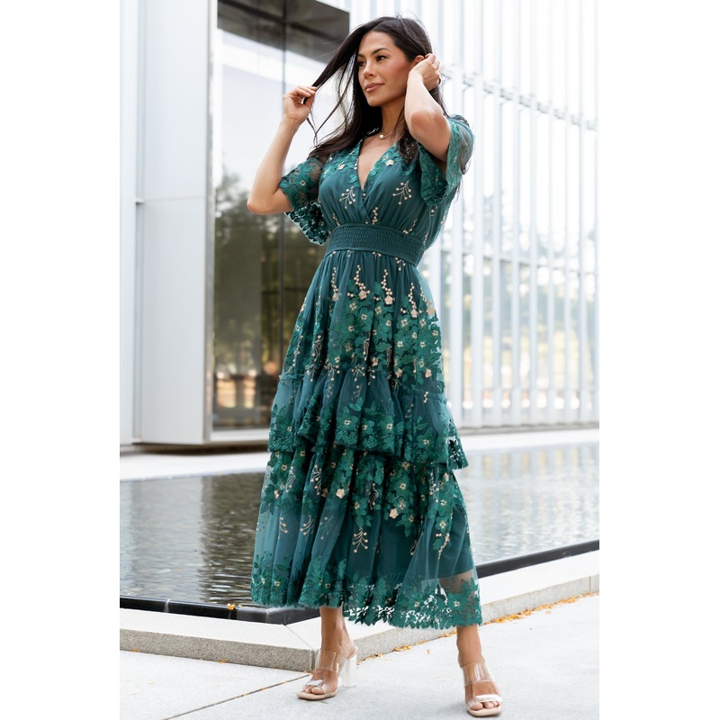 Lotte Embroidered Midi Dress | Emerald