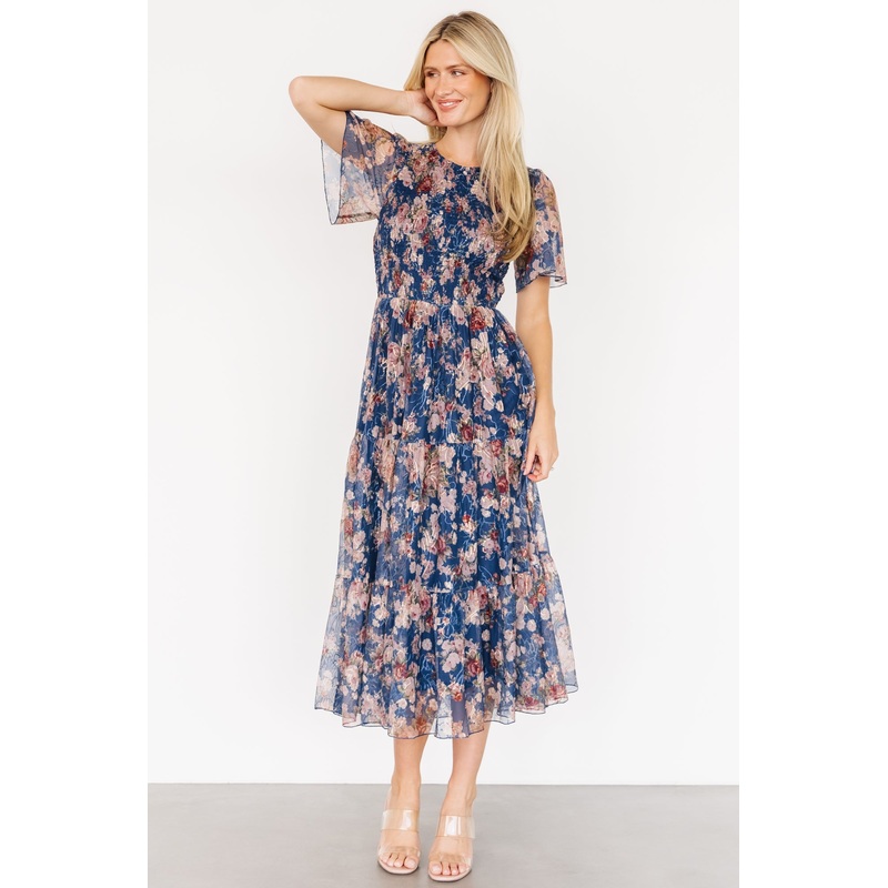 Mara Embroidered Tulle Dress | Dark Blue Multi Floral