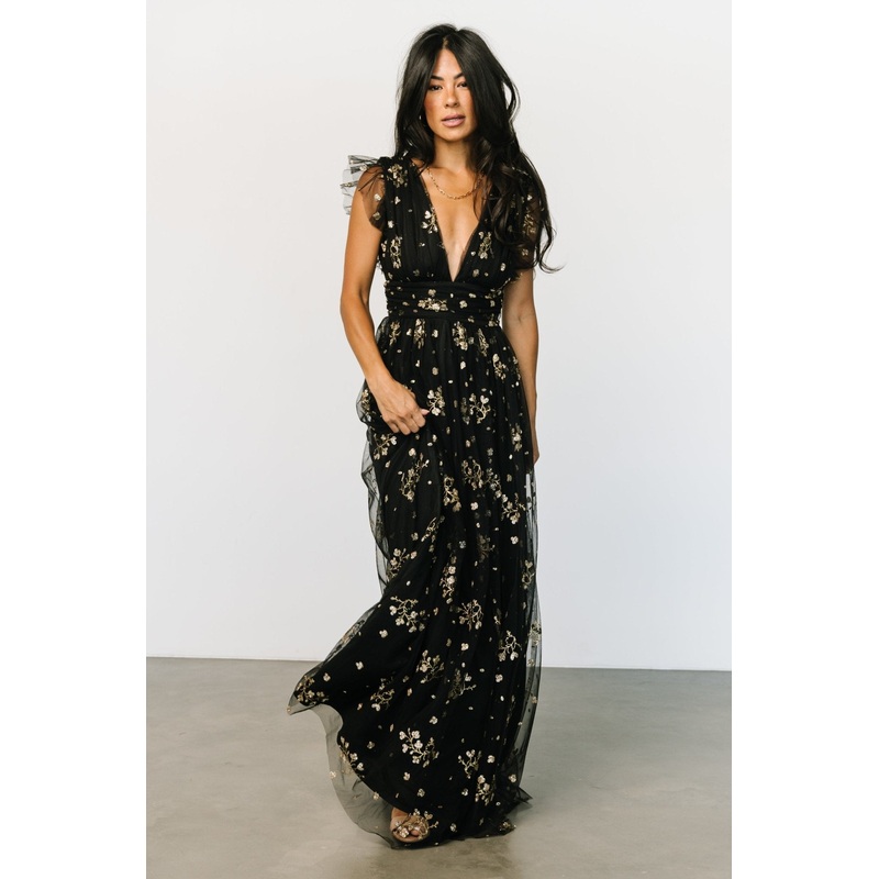 Natalia Floral Embellished Maxi Dress | Black + Gold