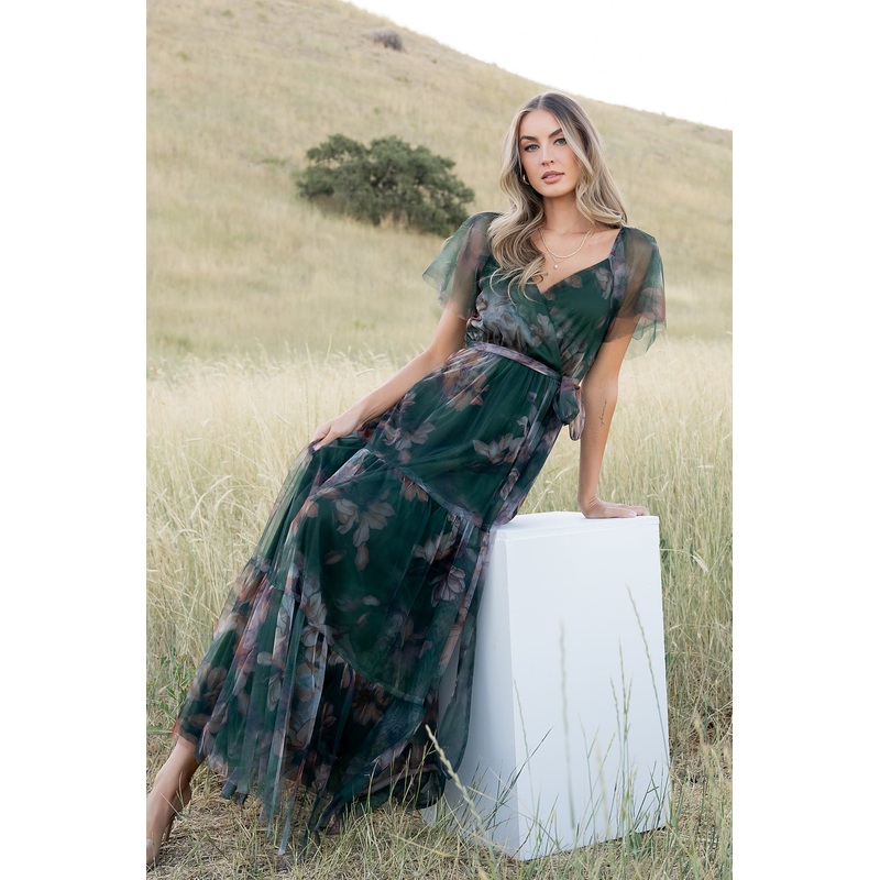 Nicola Tulle Maxi Dress | Deep Green Floral